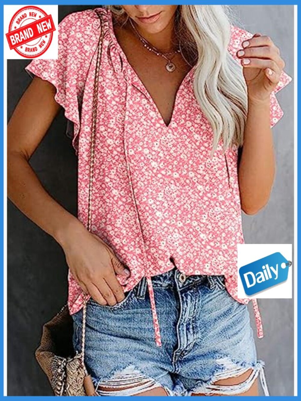 Boho Floral V-Neck Short Sleeve Blouse, Lightweight Polyester Summer Top - Picture 2 of 7